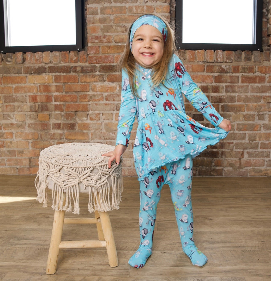Front Opening Twirl Romper in Robots | Bamboo Viscose