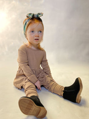 Front Opening Twirl Romper in Sandstone | Ribbed Bamboo Viscose