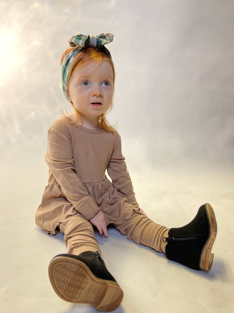 Front Opening Twirl Romper in Sandstone | Ribbed Bamboo Viscose