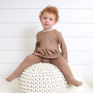 Front Opening Twirl Romper in Sandstone | Ribbed Bamboo Viscose