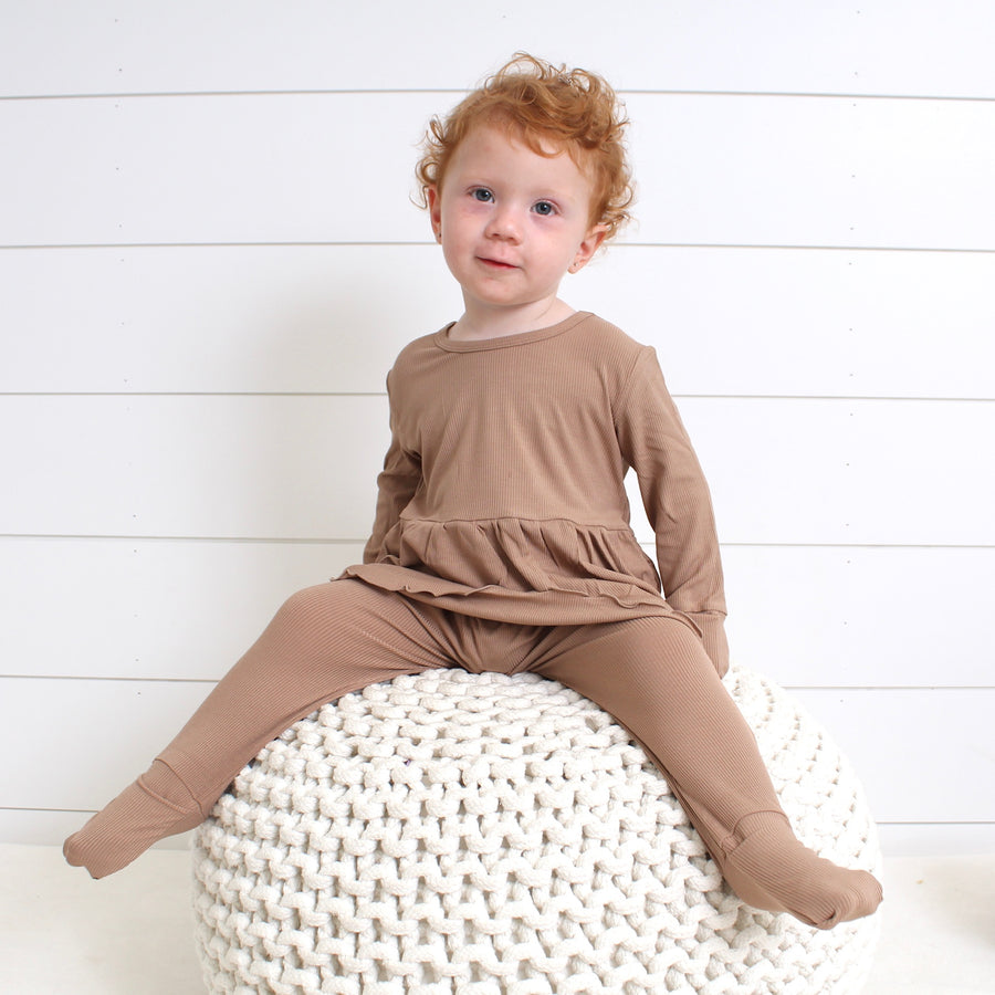 Front Opening Twirl Romper in Sandstone | Ribbed Bamboo Viscose