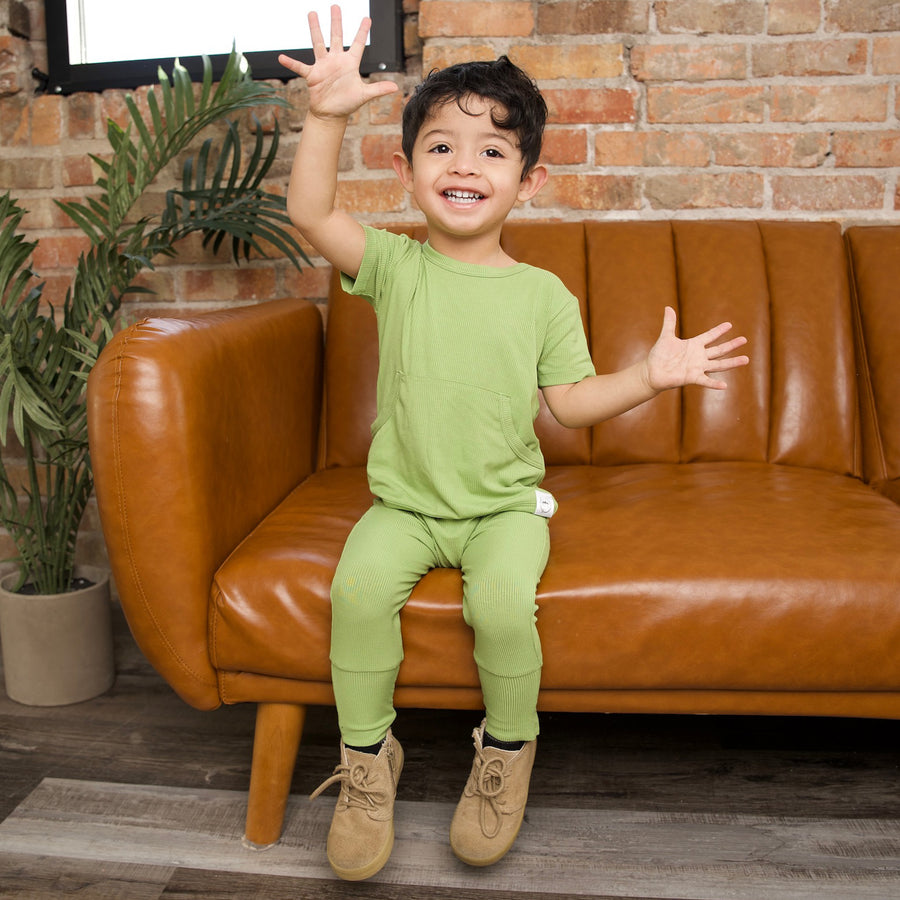 Front Opening Romper in Ribbed Mantis | Bamboo Viscose