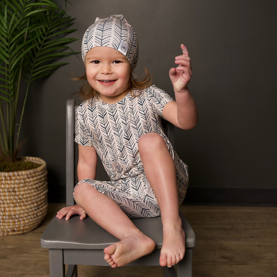 Front Opening Shortie Romper in Green Arrows | Bamboo Viscose