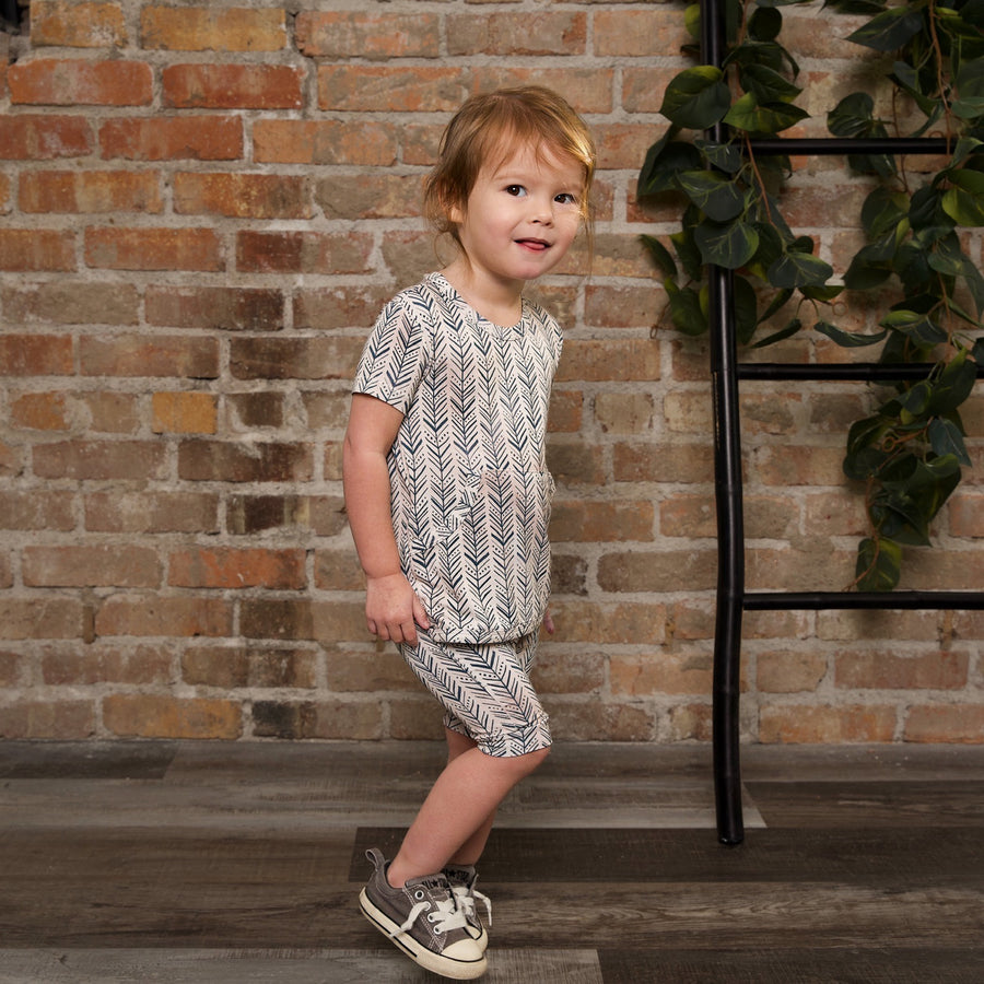 Front Opening Shortie Romper in Green Arrows | Bamboo Viscose