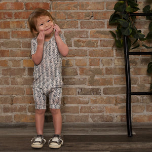 Front Opening Shortie Romper in Green Arrows | Bamboo Viscose