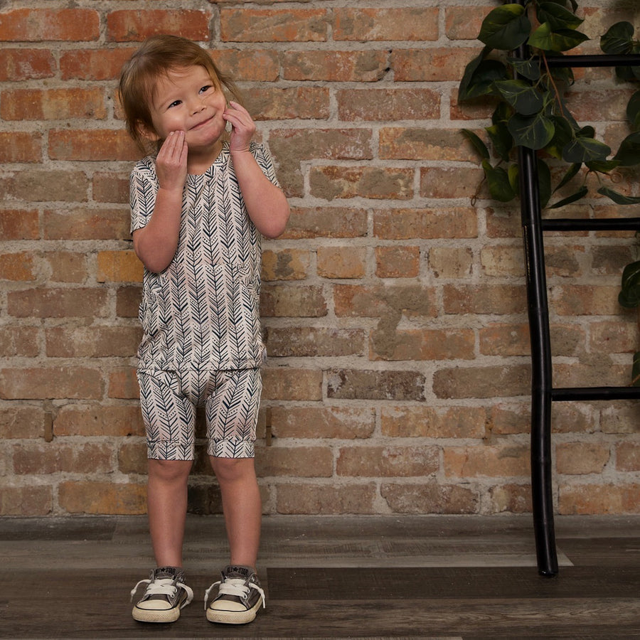 Front Opening Shortie Romper in Green Arrows | Bamboo Viscose