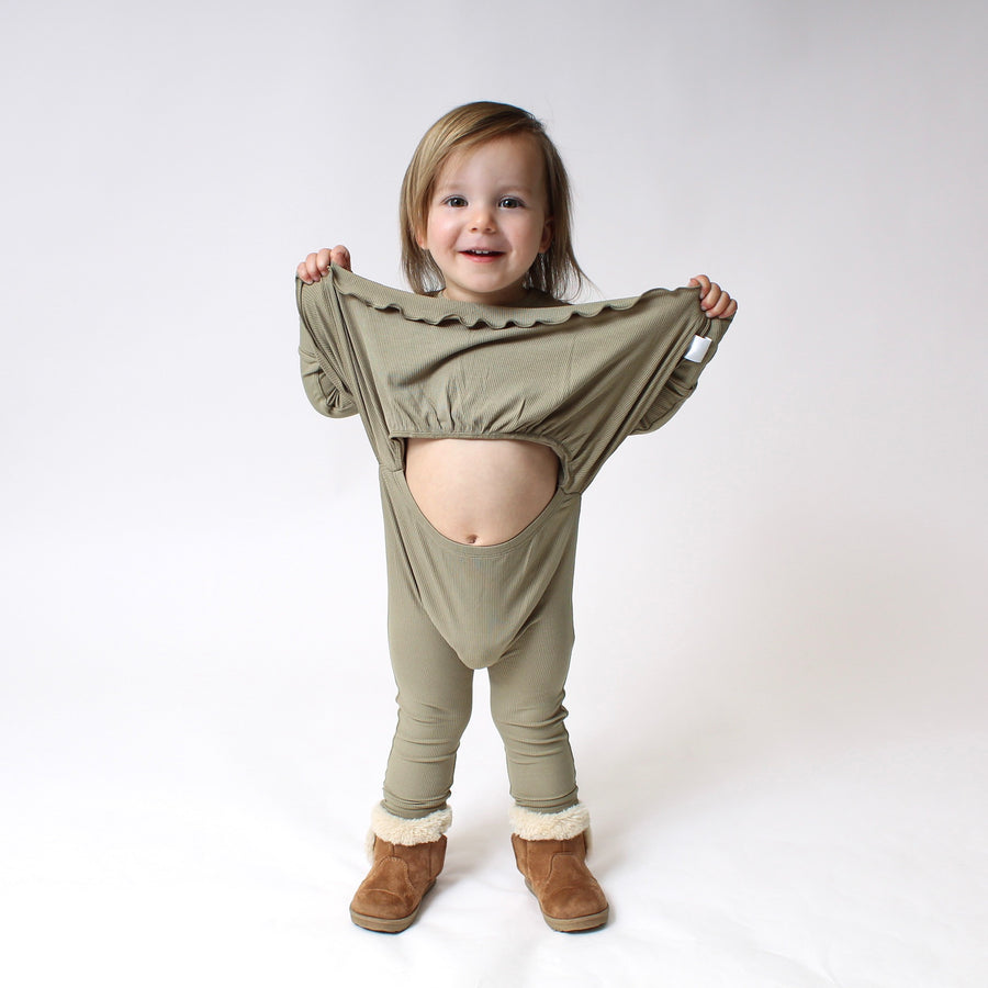 Front Opening Twirl Romper in Moss | Ribbed Bamboo Viscose
