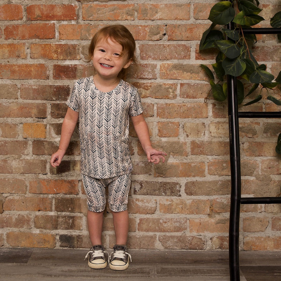 Front Opening Shortie Romper in Green Arrows | Bamboo Viscose