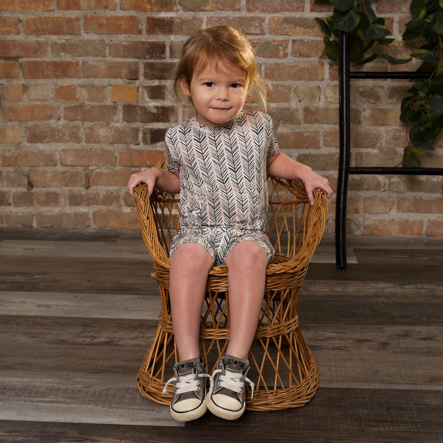 Front Opening Shortie Romper in Green Arrows | Bamboo Viscose