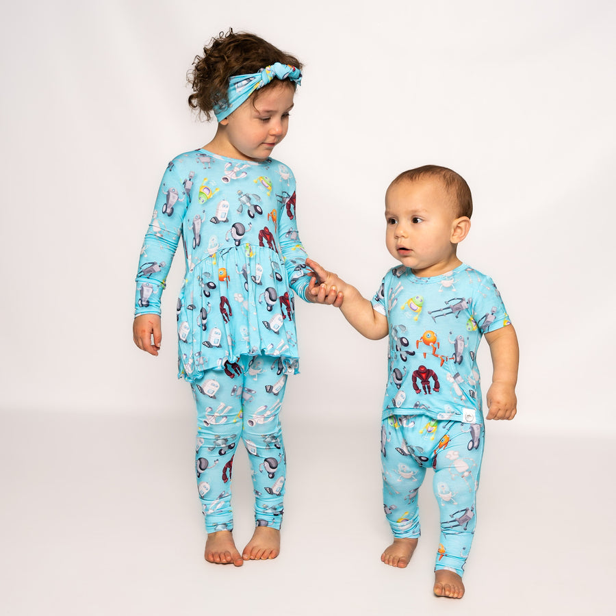 Front Opening Twirl Romper in Robots | Bamboo Viscose