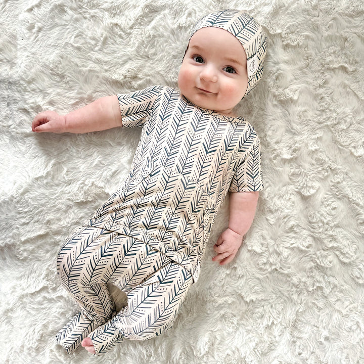 Front Opening Romper in Green Arrows | Bamboo Viscose