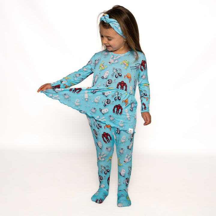 Front Opening Twirl Romper in Robots | Bamboo Viscose