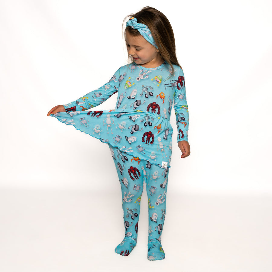 Front Opening Twirl Romper in Robots | Bamboo Viscose