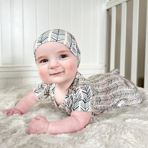 Front Opening Romper in Green Arrows | Bamboo Viscose