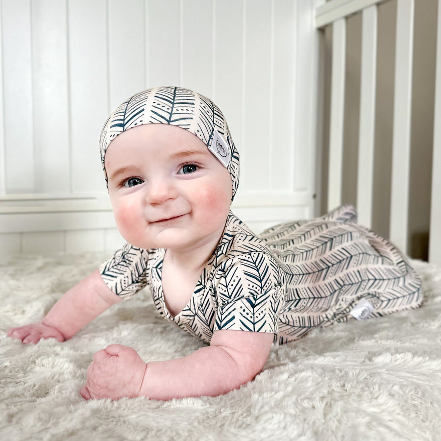 Front Opening Romper in Green Arrows | Bamboo Viscose