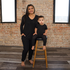 Front Opening Romper in Essential Midnight | Ribbed Bamboo Viscose