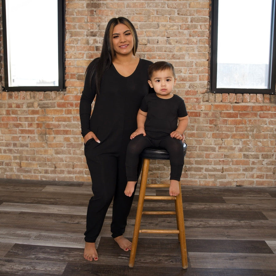 Front Opening Romper in Essential Midnight | Ribbed Bamboo Viscose