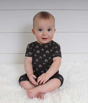 Change-A-Roo™ Front Opening Shortie Romper in Monochrome Rainbow