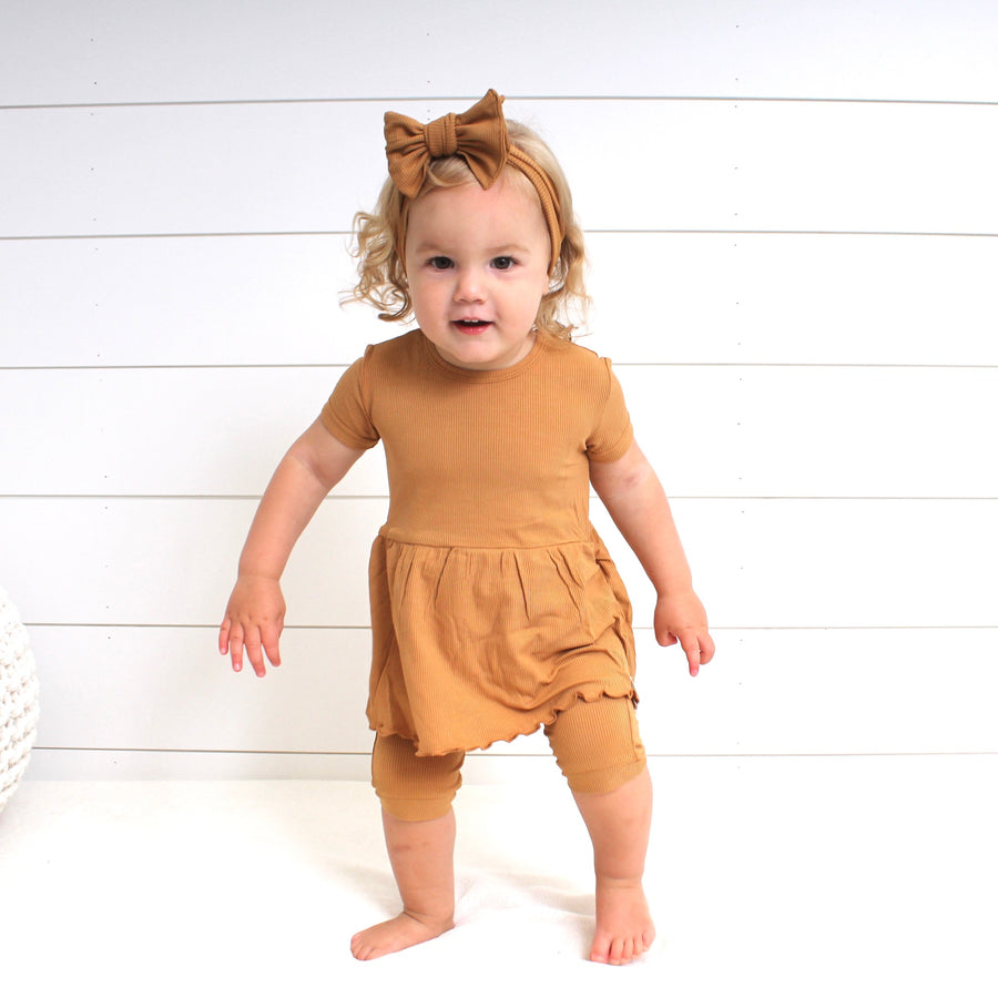 Front Opening Twirl Shortie Romper in Saffron | Ribbed Bamboo Viscose