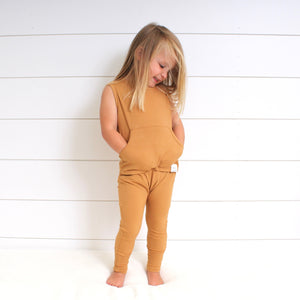 Front Opening Tank Romper in Saffron | Ribbed Bamboo Viscose