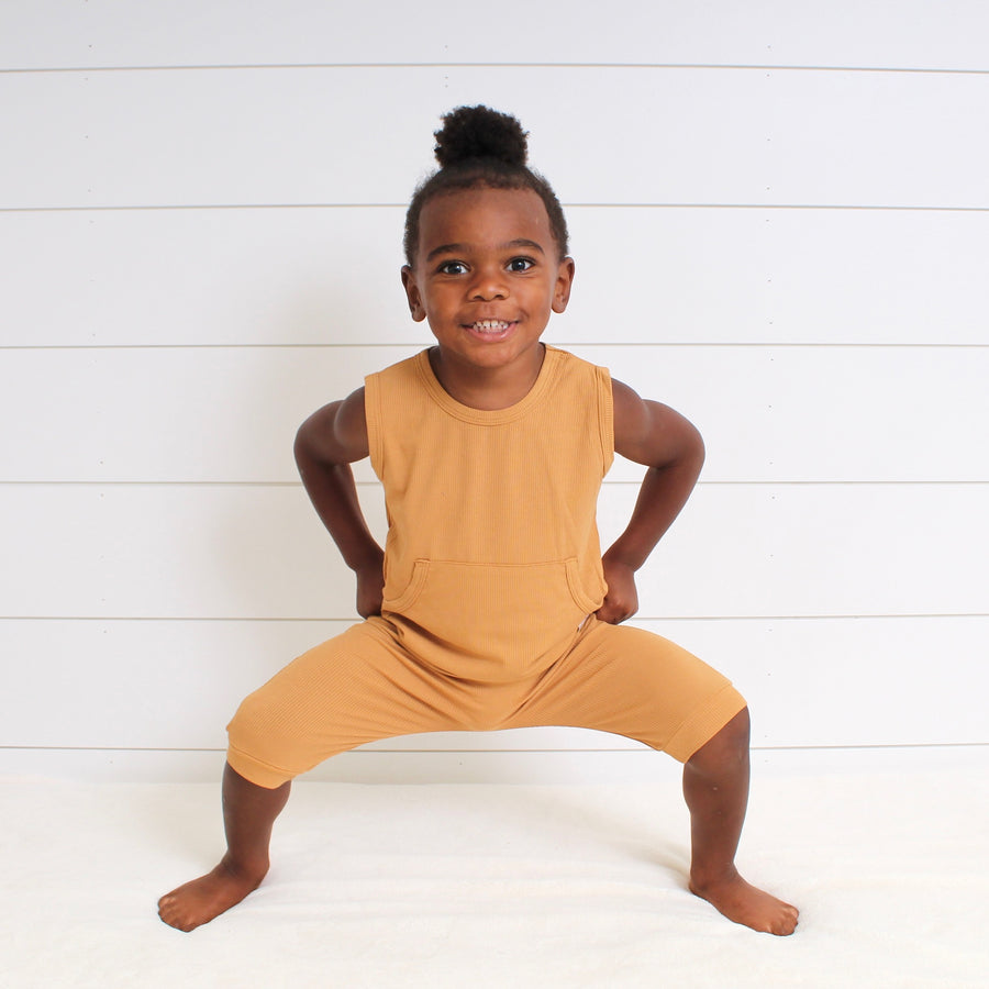 Front Opening Tank Shortie Romper in Saffron | Ribbed Bamboo Viscose