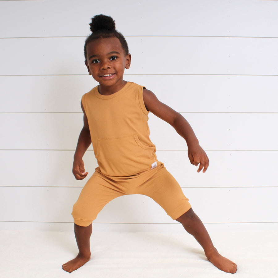Front Opening Tank Shortie Romper in Saffron | Ribbed Bamboo Viscose
