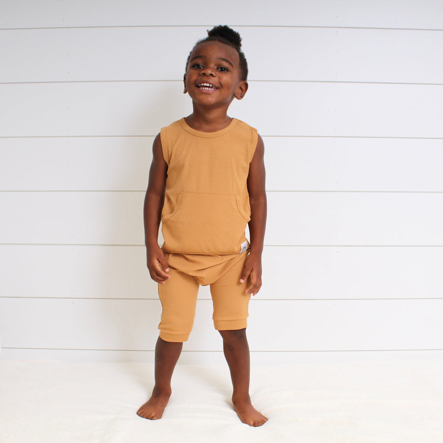 Front Opening Tank Shortie Romper in Saffron | Ribbed Bamboo Viscose