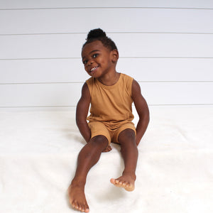 Front Opening Tank Shortie Romper in Saffron | Ribbed Bamboo Viscose