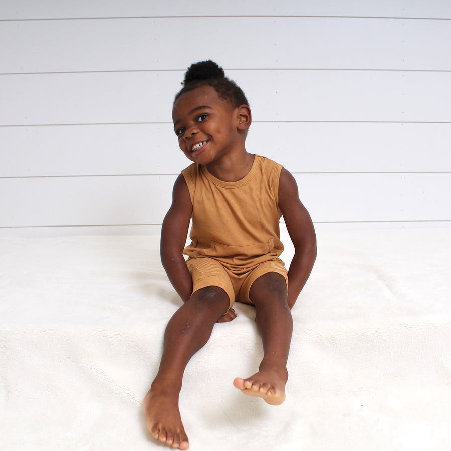 Front Opening Tank Shortie Romper in Saffron | Ribbed Bamboo Viscose