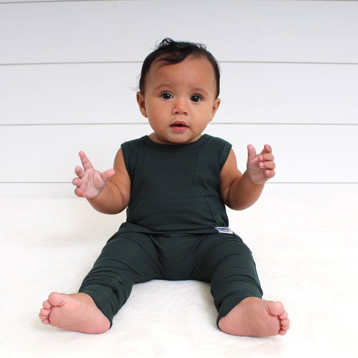 Front Opening Tank Romper in Sage | Ribbed Bamboo Viscose