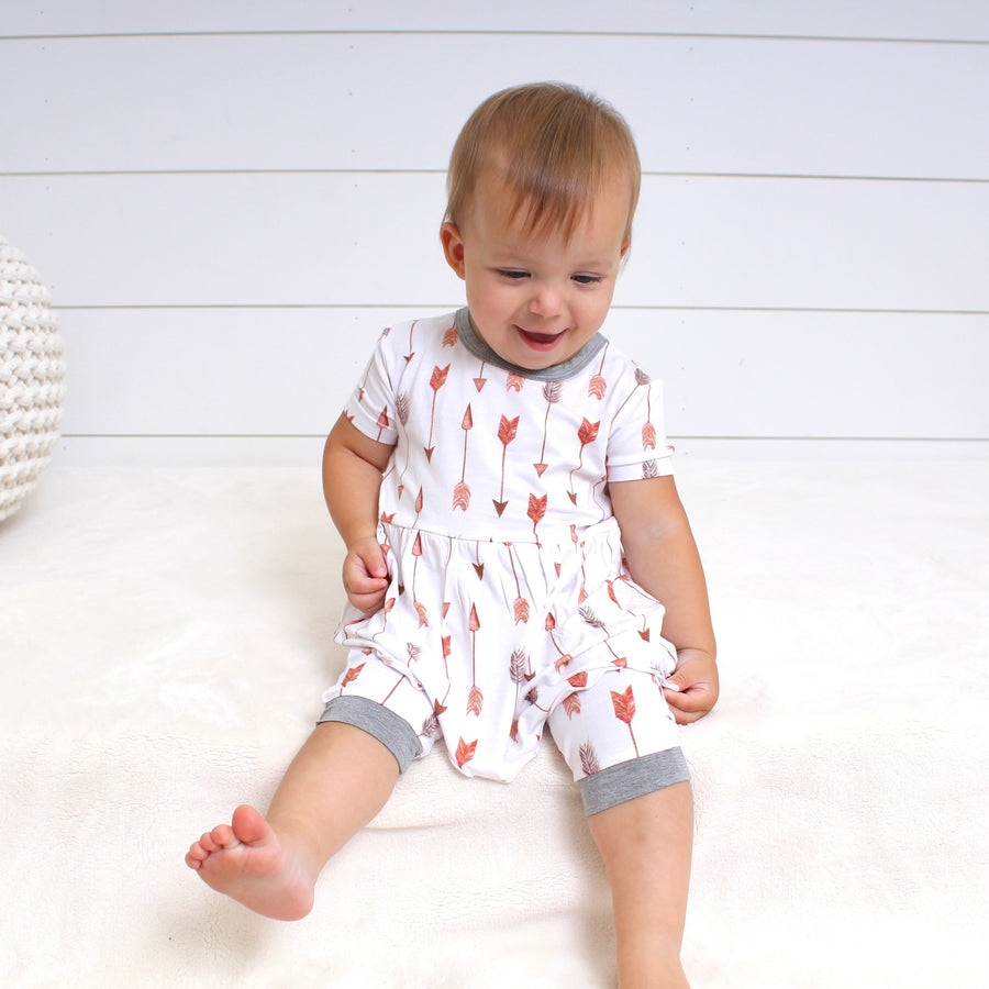 Front Opening Twirl Shortie Romper in Fate’s Arrows | Bamboo Viscose