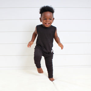 Front Opening Tank Romper in Essential Midnight | Ribbed Bamboo Viscose