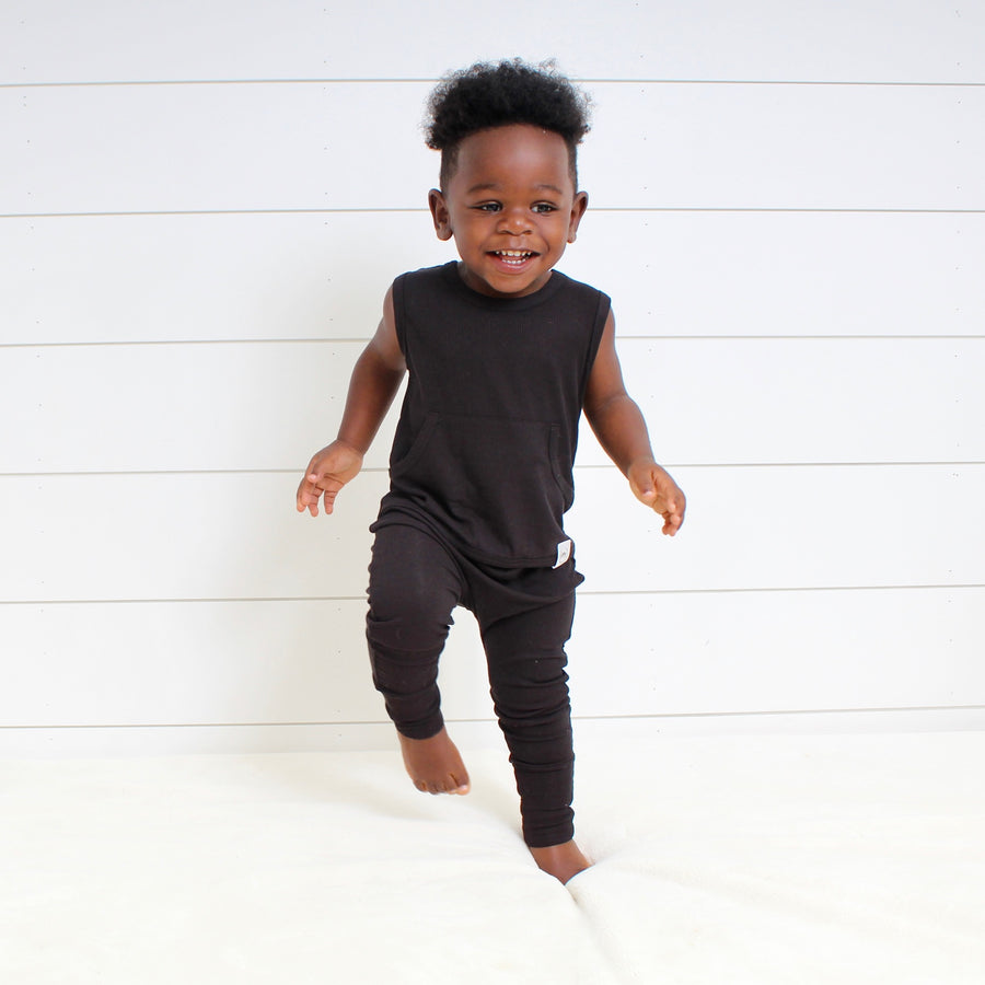 Front Opening Tank Romper in Essential Midnight | Ribbed Bamboo Viscose