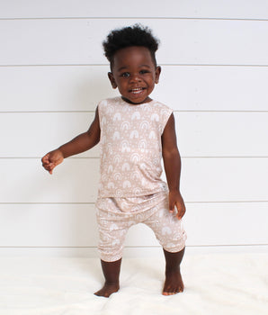 Front Opening Tank Shortie Romper in Tawny Rainbows