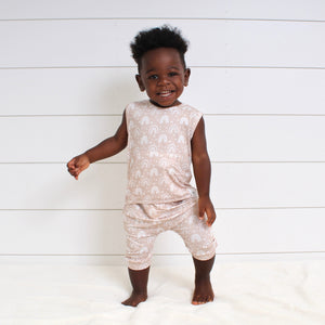 Front Opening Tank Shortie Romper in Tawny Rainbows | Bamboo Viscose