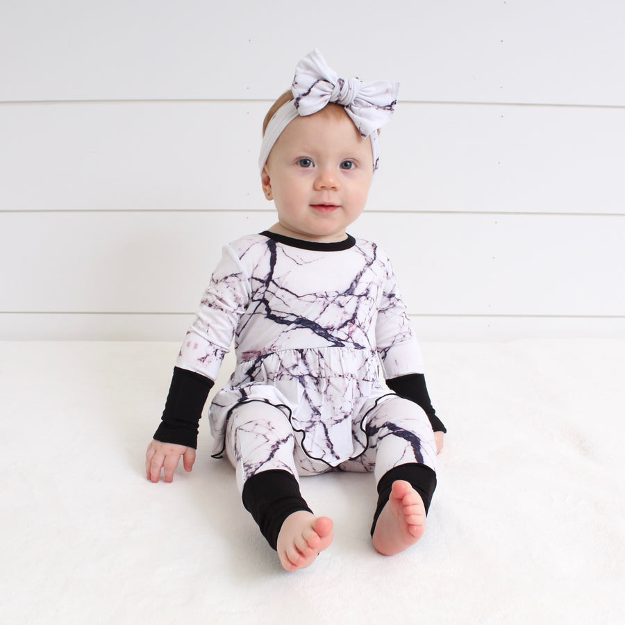 Front Opening Twirl Romper in Marbled Bianco | Bamboo Viscose