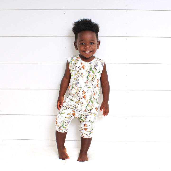 Front Opening Tank Shortie Romper in Butterflies | Bamboo Viscose