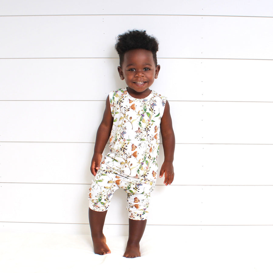 Front Opening Tank Shortie Romper in Butterflies | Bamboo Viscose