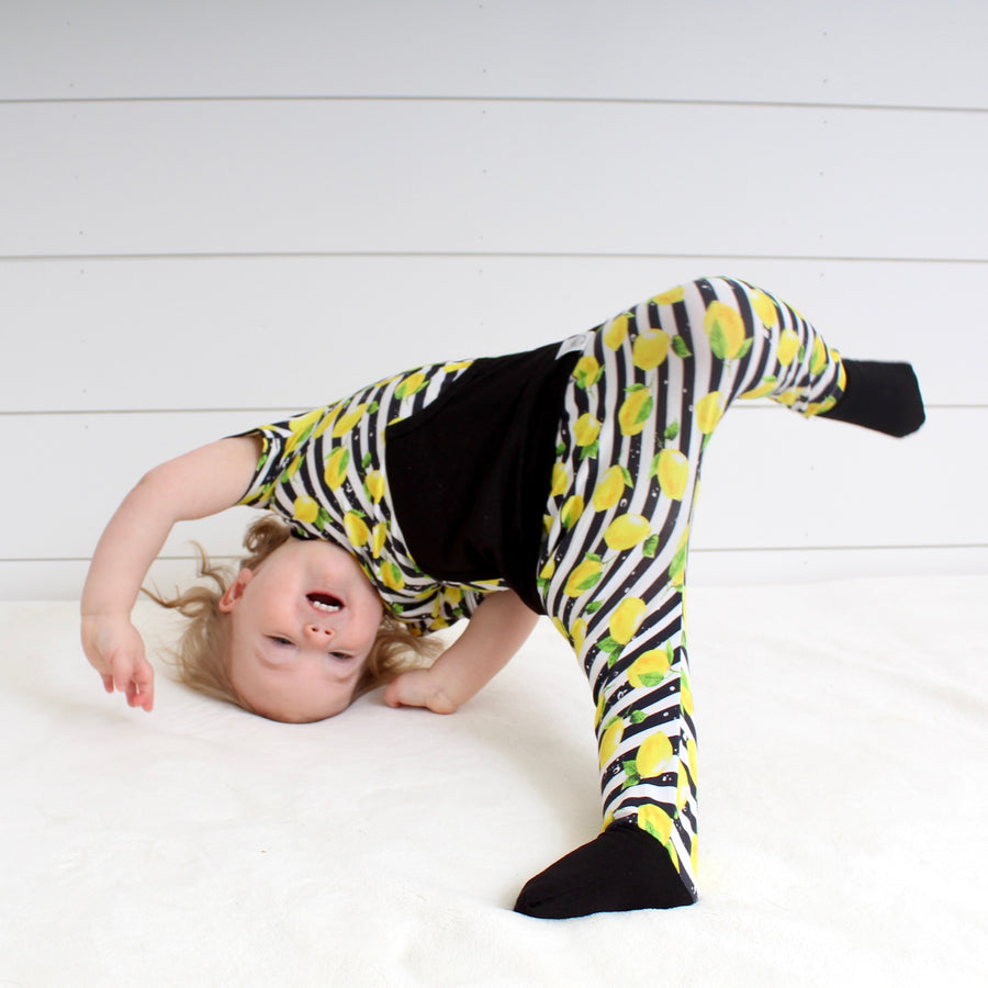 Front Opening Romper in Lemon Line | Bamboo Viscose