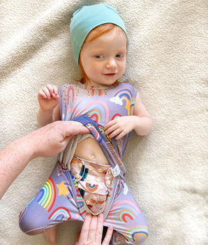 Change-A-Roo™ Front Opening Tank Romper in Radiant Rainbows
