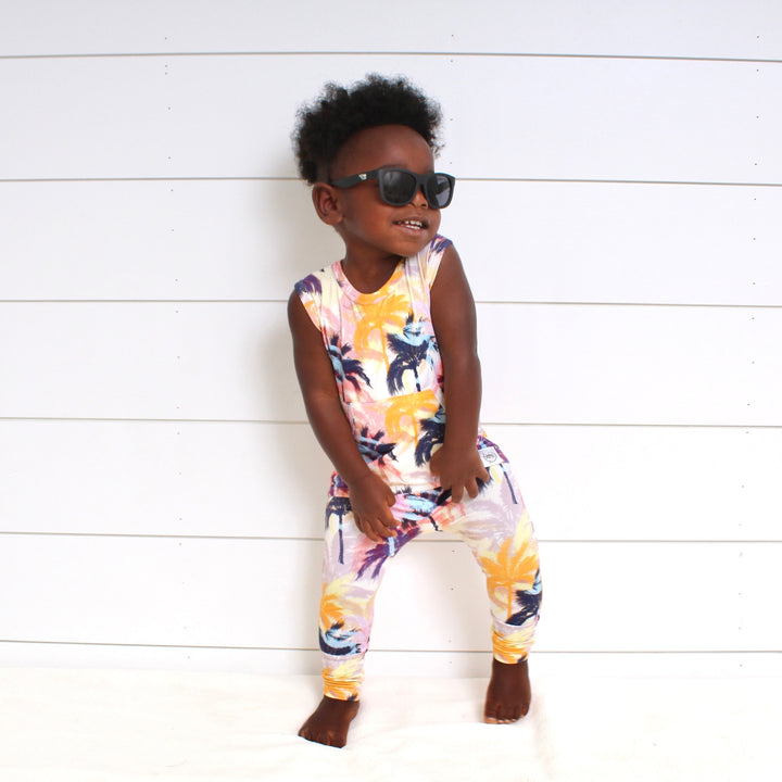 Front Opening Tank Romper in Tropic Palms | Bamboo Viscose