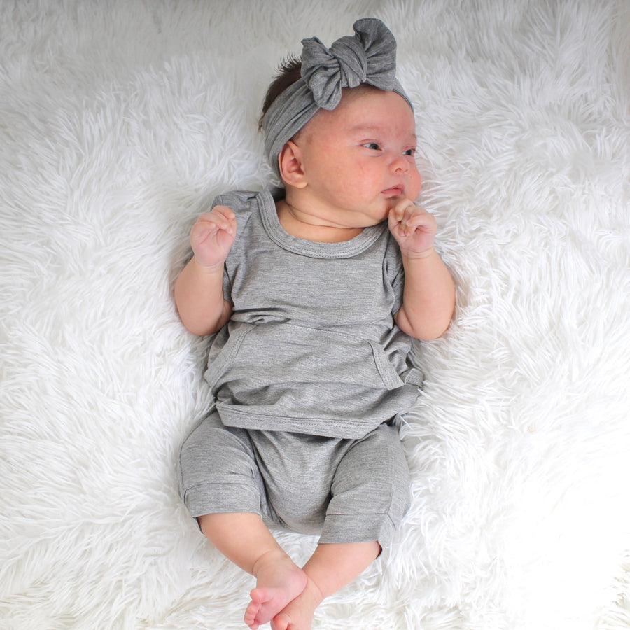 Front Opening Shortie Romper in Heathered Grey | Bamboo Viscose
