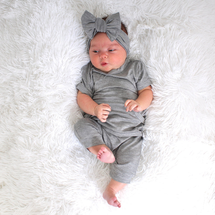Front Opening Shortie Romper in Heathered Grey | Bamboo Viscose