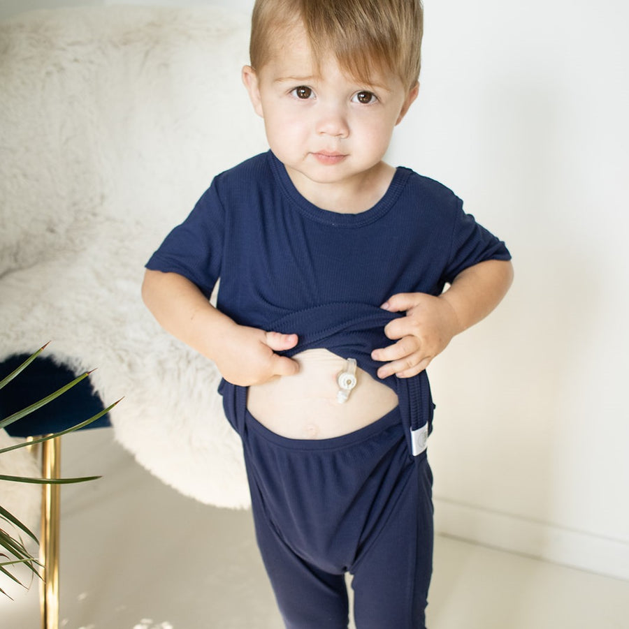 Front Opening Romper in Into The Blue | Ribbed Bamboo Viscose