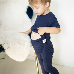 Front Opening Romper in Into The Blue | Ribbed Bamboo Viscose