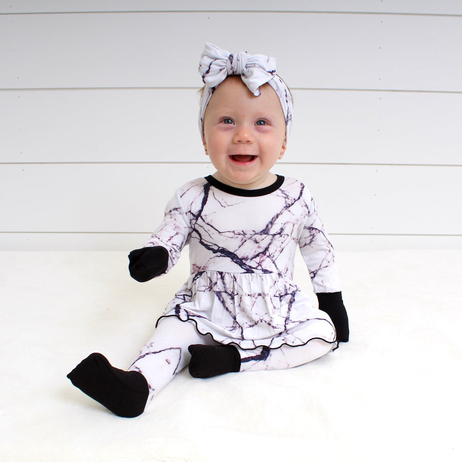 Front Opening Twirl Romper in Marbled Bianco | Bamboo Viscose