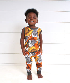 Front Opening Tank Romper in Sunflower Harvest | Bamboo Viscose
