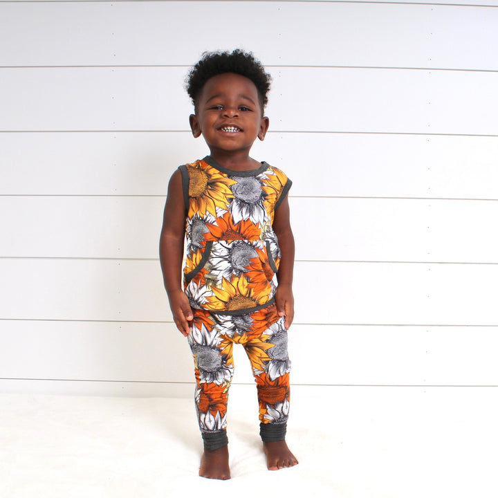 Front Opening Tank Romper in Sunflower Harvest | Bamboo Viscose