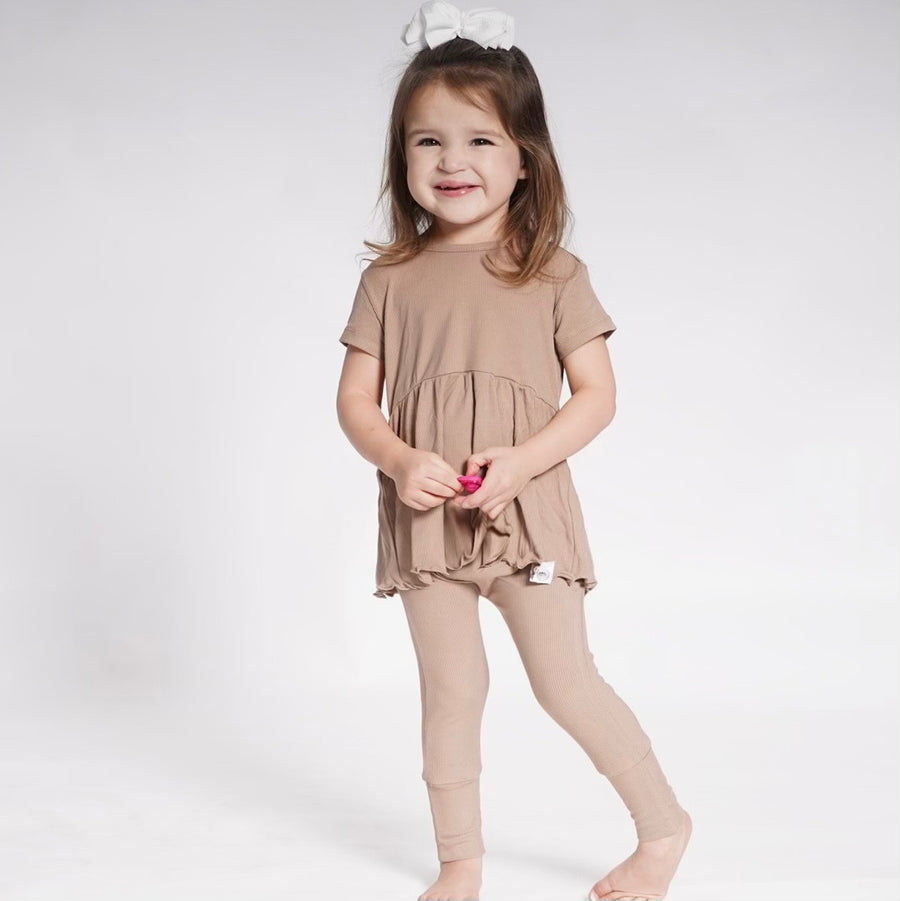Front Opening Twirl Romper in Sandstone | Ribbed Bamboo Viscose
