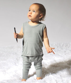 Change-A-Roo™ Front Opening Tank Romper in Eucalyptus Grey - white logo
